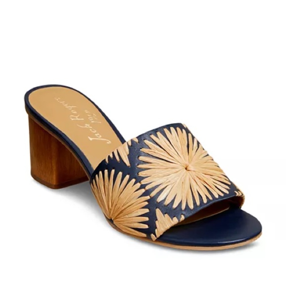 Jack Rogers BETTINA Navy and Tan Block Heel Sandals Raffia Size 5